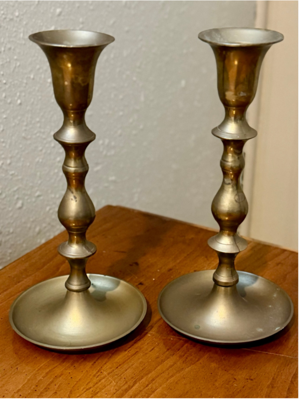 Vintage Pair Turned Brass Candlestick Holders Taper Candle Stands Warm Patina